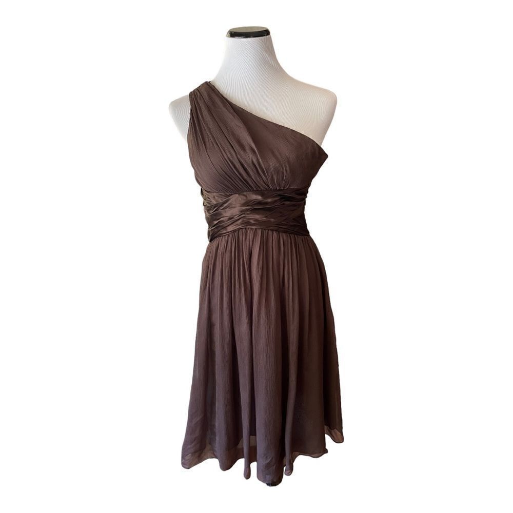 Maggy London One Shoulder Brown 100% Silk Cocktail Dress Size 4 Pleated Formal